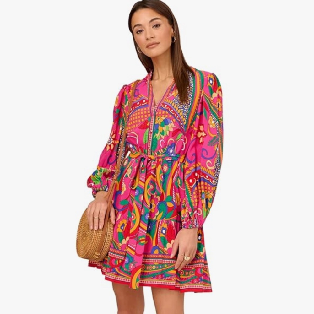 Adrianna Papell Pink Multicolor Tie-Waist Printed Mini Dress